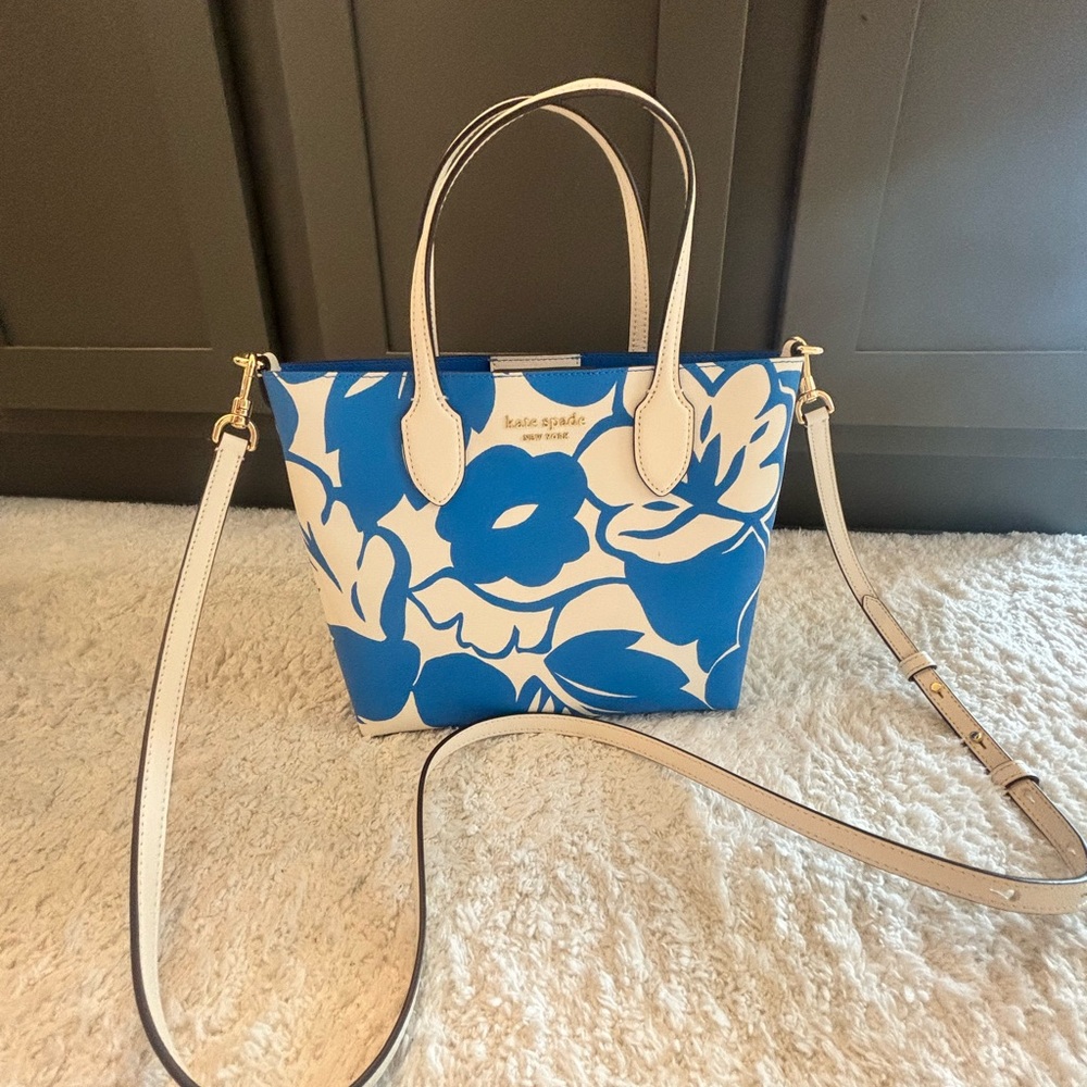 kate spade White and Blue Floral Mini Tote with Crossbody Strap